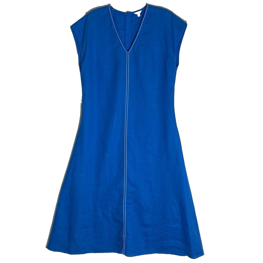 Jigsaw Midi Dress Womens 8 Blue 100% Linen A Line Flowy Coastal Beach Lagenlook